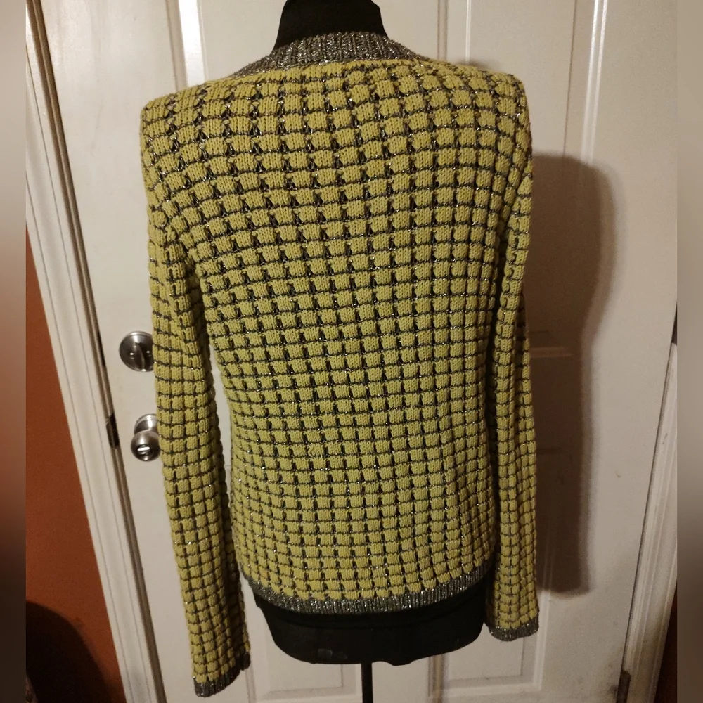 🌿🩶🌿 Gorgeous Chartreuse & Silver Metallic Open Weave Tie Cardigan - S - Picture 6 of 16